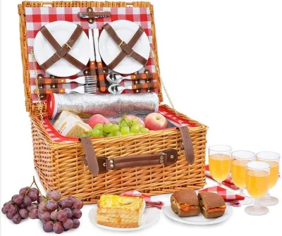 Cesta de almacenamiento de viaje de picnic tejida de sauce de gran oferta con vajilla