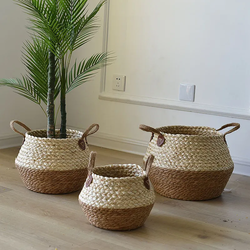 Cesta de mimbre para algas marinas, maceta para flores naturales, decoración del hogar, jardín, lavandería, cestas de almacenamiento de algas marinas de bambú